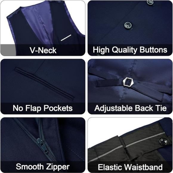 Men's 3 Pieces Suit Elegant Solid One Button Slim Fit Single Breasted Party - Picture 6 of 7